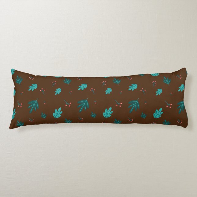 Evergreen Tree Leaves & Red Holly Berries Body Cushion (Front)