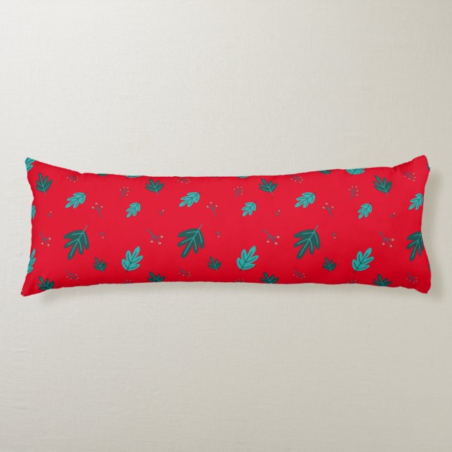 Evergreen Tree Leaves & Red Holly Berries Body Cushion (Front)