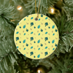 Evergreen Tree Leaves & Red Holly Berries Ceramic Ornament