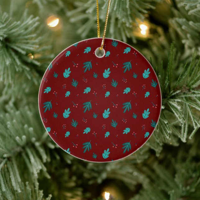 Evergreen Tree Leaves & Red Holly Berries Ceramic Ornament (Tree)
