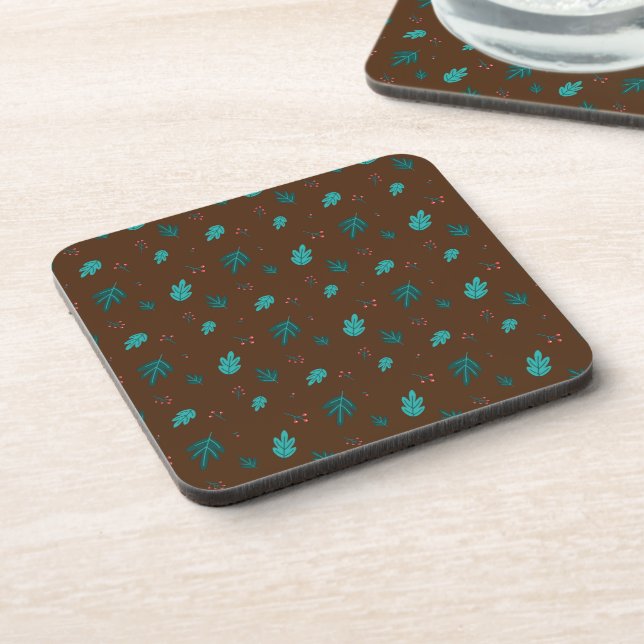 Evergreen Tree Leaves & Red Holly Berries Coaster (Left Side)