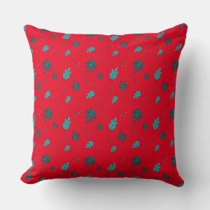 Evergreen Tree Leaves & Red Holly Berries Cushion