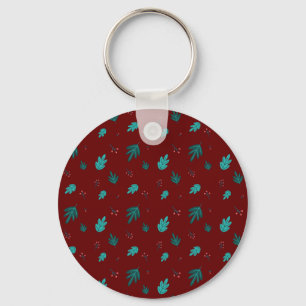 Evergreen Tree Leaves & Red Holly Berries Key Ring
