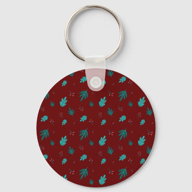 Evergreen Tree Leaves & Red Holly Berries Key Ring (Front)