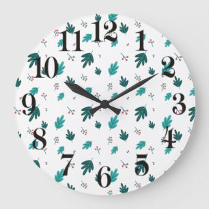 Evergreen Tree Leaves & Red Holly Berries Large Clock