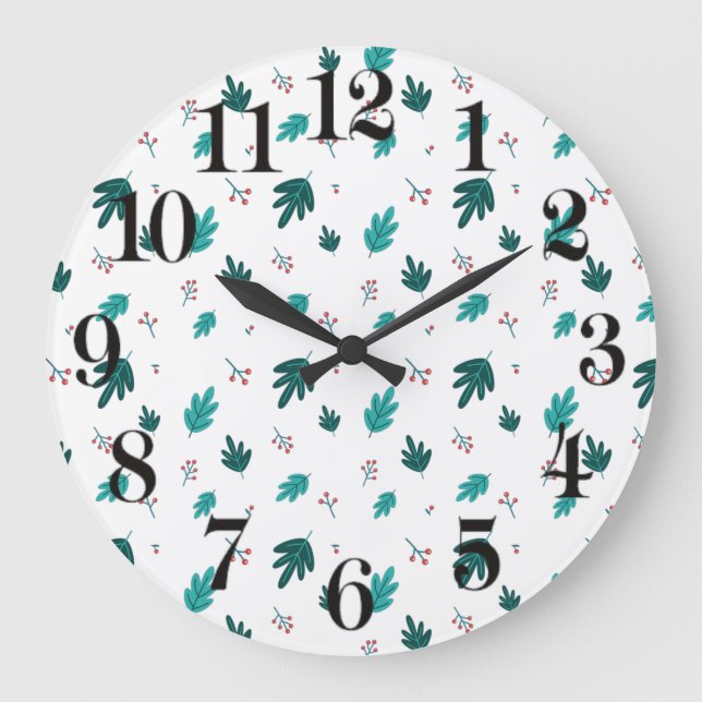 Evergreen Tree Leaves & Red Holly Berries Large Clock (Front)