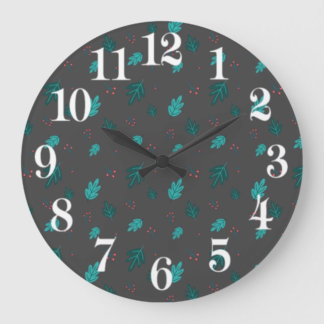 Evergreen Tree Leaves & Red Holly Berries Large Clock (Front)