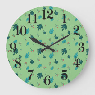 Evergreen Tree Leaves & Red Holly Berries Large Clock