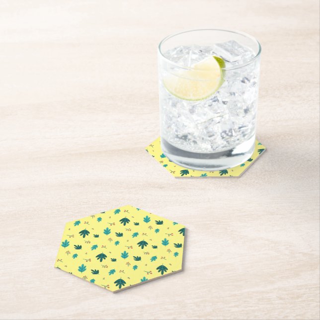 Evergreen Tree Leaves & Red Holly Berries Paper Coaster (Insitu)