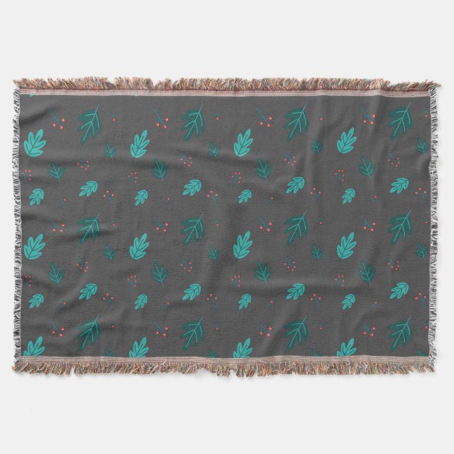Evergreen Tree Leaves & Red Holly Berries Throw Blanket (Front)
