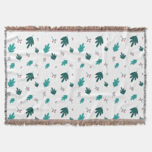 Evergreen Tree Leaves & Red Holly Berries Throw Blanket