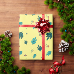 Evergreen Tree Leaves & Red Holly Berries Wrapping Paper