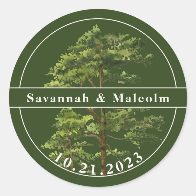 Evergreen Tree | Nature Wedding Personalised Classic Round Sticker (Front)