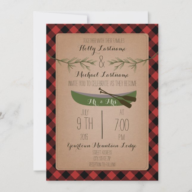Evergreen Trees + Canoe Plaid Wedding Invitation (Front)