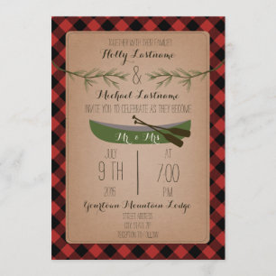 Evergreen Trees + Canoe Plaid Wedding Invitation
