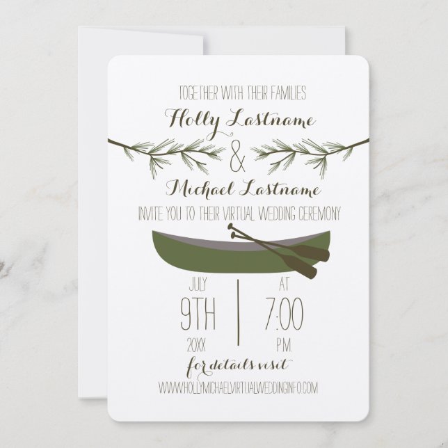 Evergreen Trees + Canoe Virtual Livestream Wedding Invitation (Front)
