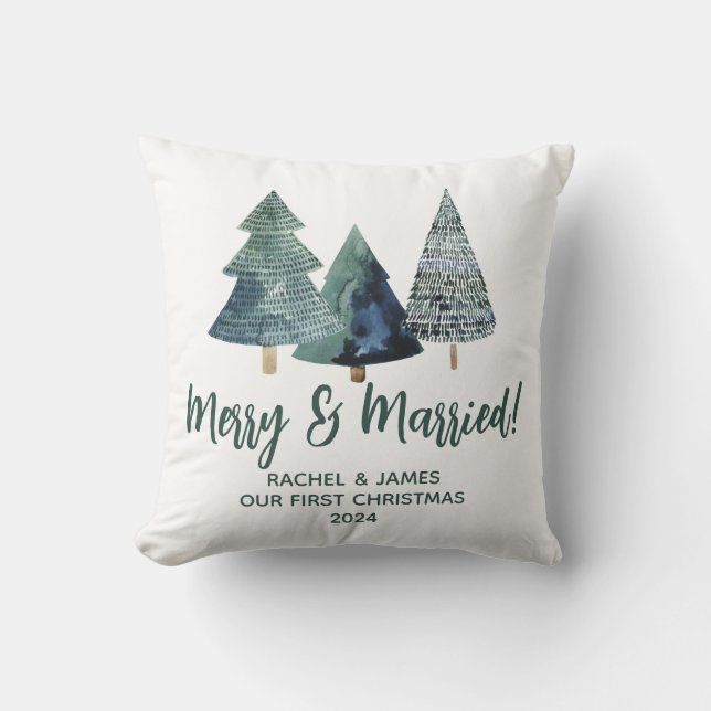 Evergreen Trees First Christmas Merry & Married Cushion (Front)