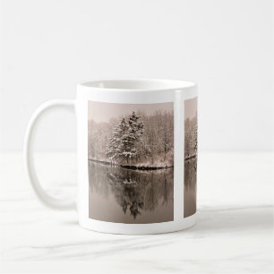 Evergreen Trees on Lake Brown Sepia Winter Snow Coffee Mug