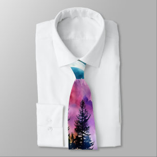 Evergreen Trees Silhouette pink sky Tie