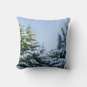 Evergreen trees, snow, pretty winter nature scene cushion