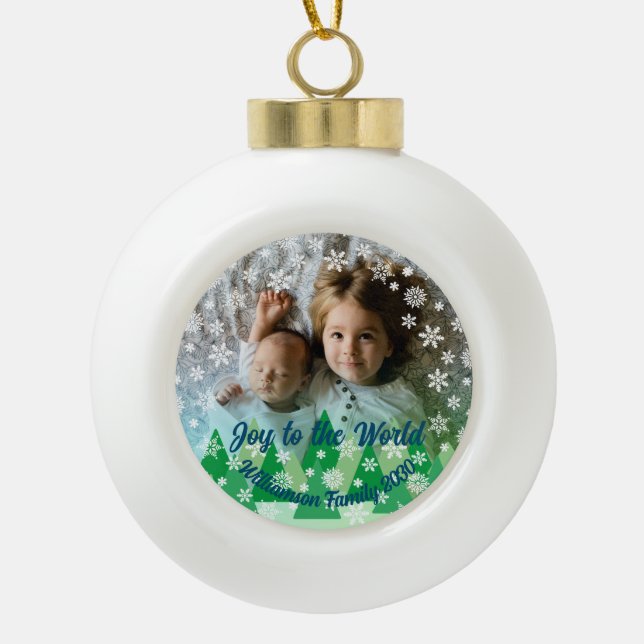 Evergreen Trees White Snowflakes Joy to the World  Ceramic Ball Christmas Ornament (Front)