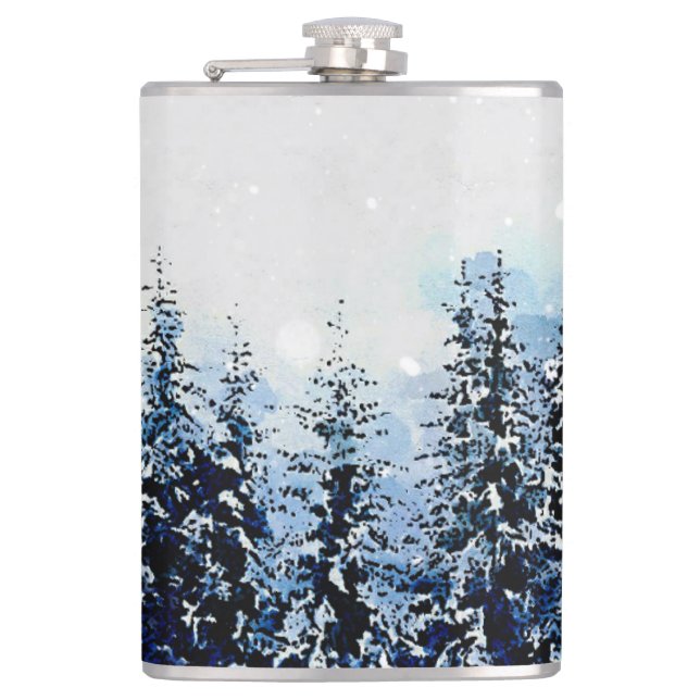 Evergreen Trees with Snow Vinyl Wrapped Flask (Front)