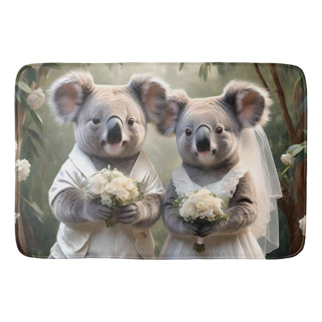 "Evergreen Vows: A Koala Wedding in White" Bath Mat (Front)