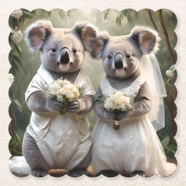 "Evergreen Vows: A Koala Wedding in White" Paper Coaster (Front)