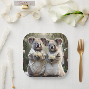 "Evergreen Vows: A Koala Wedding in White" Paper Plate