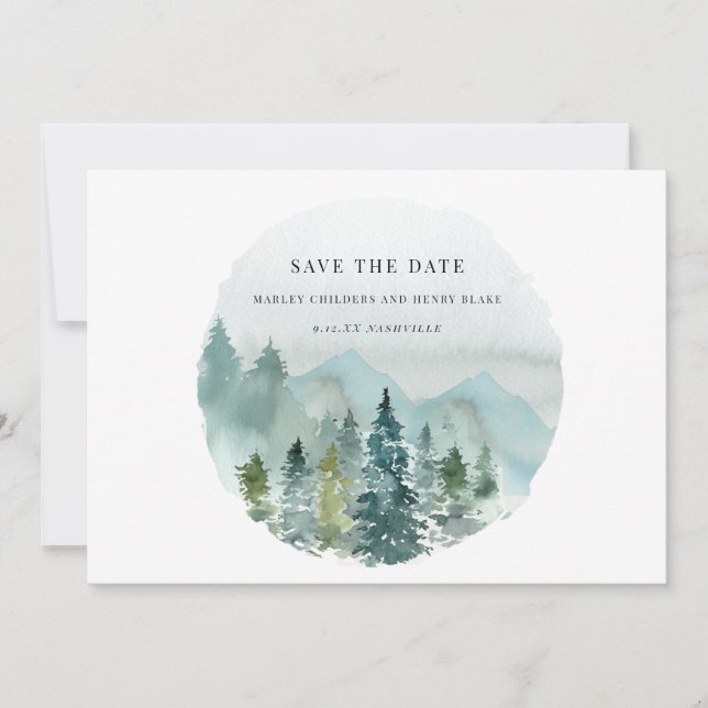 Evergreen Watercolor Wedding Save the Date  (Front)