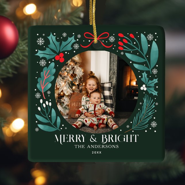 Evergreen Winter Botanicals Christmas Photo Ceramic Ornament (Creator Uploaded)