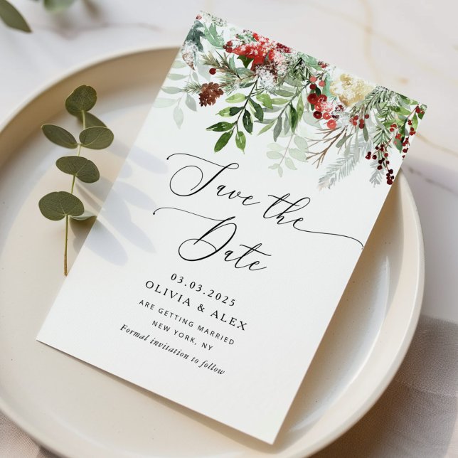 Evergreen winter Christmas wedding Save the date (Creator Uploaded)