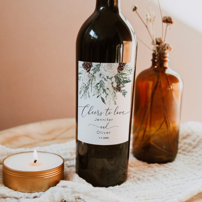 Evergreen winter elegant Cheers to Love wedding Wine Label (Creator Uploaded)