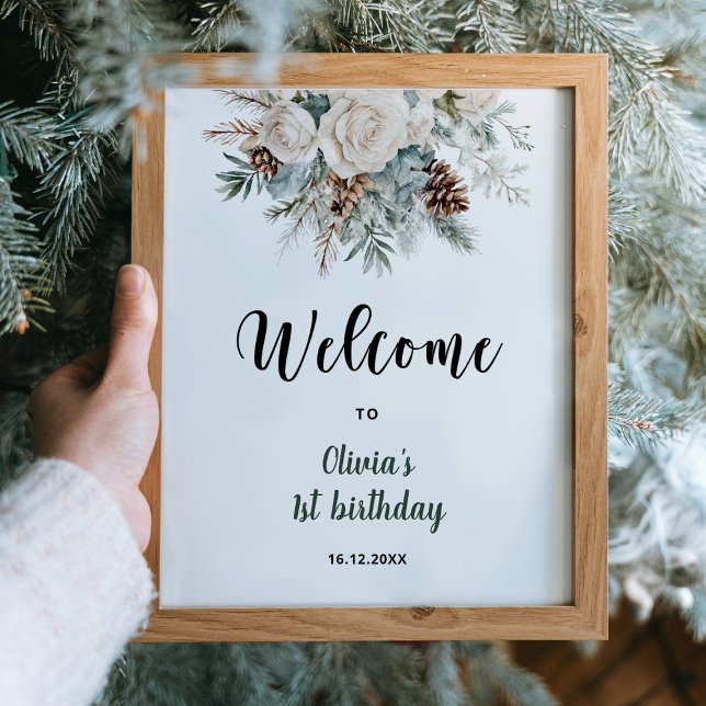 Evergreen Winter First Birthday Welcome Poster (Creator Uploaded)