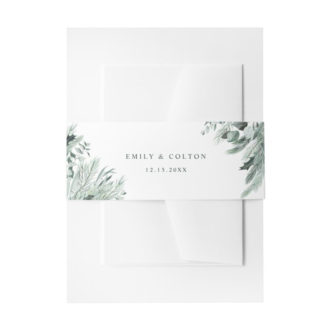 Evergreen Winter Floral Elegant Wedding Invitation Belly Band (Front Example)
