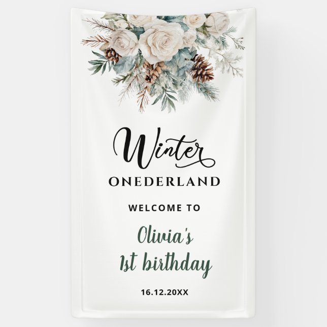 Evergreen Winter Onederland First Birthday Welcome Banner (Vertical)