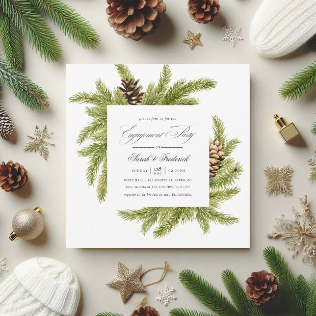 Evergreen Winter Pines Holiday Engagement Party Invitation (Evergreen Winter Pines Holiday Engagement Party Invitation)