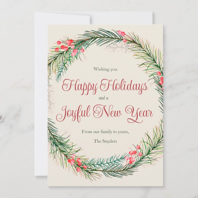 Evergreen Wreath Happy Holidays Card (Front)