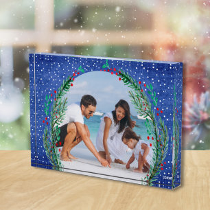 Evergreen Wreath on Blue Christmas Photo Block