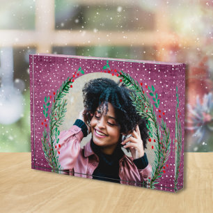 Evergreen Wreath on Purple Christmas Photo Block