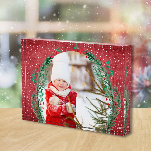 Evergreen Wreath on Red Christmas Photo Block (Creator Uploaded)
