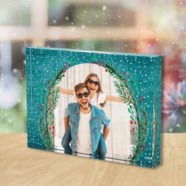 Evergreen Wreath on Turquoise Christmas Photo Block (Creator Uploaded)