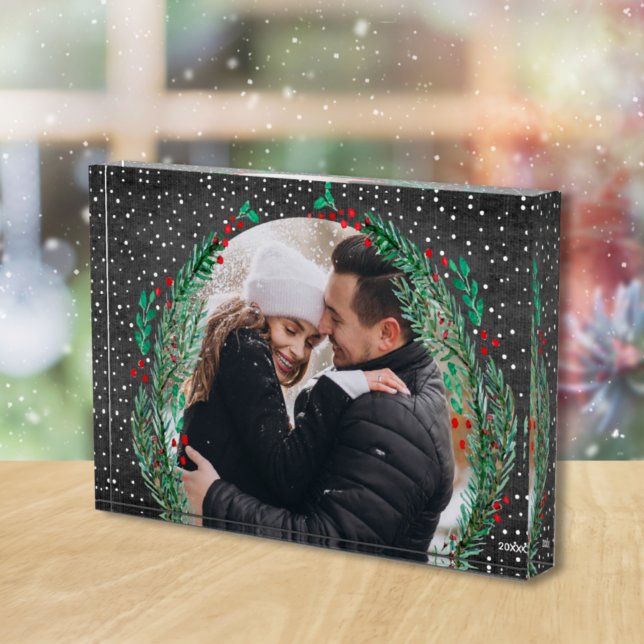 Evergreen Wreath Snow Christmas Black Photo Block (Creator Uploaded)