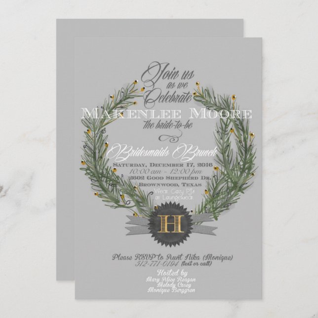 Evergreen Wreath w/Monogram Invitation (Front/Back)