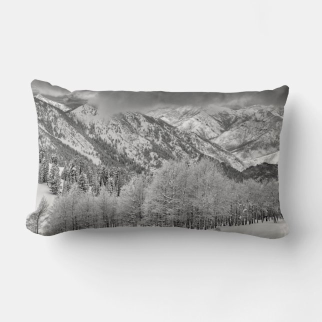 Evergreens and Aspen trees in a snow storm Lumbar Cushion (Front)