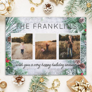Evergreens and Rustic Wood Christmas Photo  Holiday Card