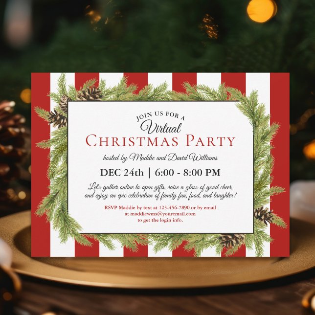 Evergreens and Stripes Virtual Christmas Party Invitation (Celebrate Christmas with a virtual party for family and friends far away.)