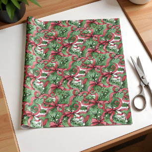 Evergreens Holly and Red Ribbons Wrapping Paper