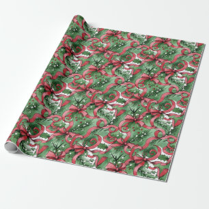 Evergreens Holly and Red Ribbons Wrapping Paper