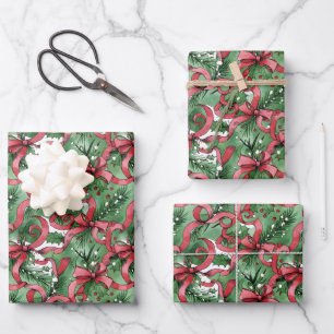 Evergreens Holly and Red Ribbons Wrapping Paper Sheet